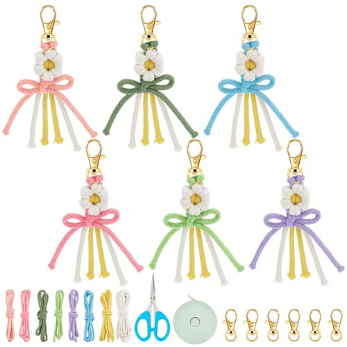 FREEBLOSS 6 Satz DIY Makramee Schlüsselanhänger Kit Makramee-Set für Anfänger mit Anleitung Makramee Blumen Schlüsselanhänger Kit für Schlüssel oder Tasche Mehr härtere Makramee-Baumwollschnur