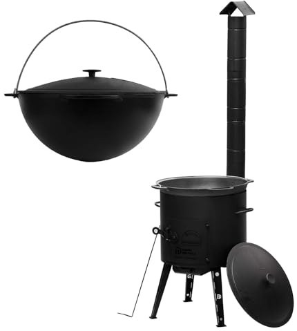 Utschak Feuerofen Set mit 12L Kazan eingebrannt чугунный Казан Gusseisendeckel Ø40 Uchag Ofen Учаг Outdoor mit Abzugsrohr Utschag 2mm stahl Kessel Kazan-Set mit Deckel Kasan Feuerstelle Feldküche