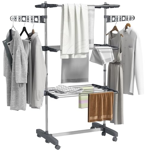 HOMCOM Étendoir à Linge 3 Niveaux, Sechoir a Linge avec 6 roulettes, Pliable, Cadre en Acier Inoxydable et Ailes Latérales, pour Intérieur Extérieur, 142 x 55 x 152 cm, Gris