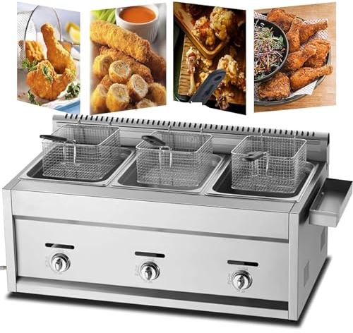 PixCy Deep Fat Fryer, Commercial Electric Deep Fryer with Double Basket, Stainless Steel Chip Fryers Easy Clean Adjustable Temperature Control Easy Clean Kitchen Oil Frying,3tank