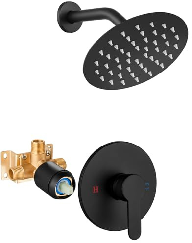 Airuida Duscharmatur-Set, Einzelfunktions-Duschverkleidungsset, Wandhalterung, 15,2 cm, rund, Regenduschkopf und Griff-Set, Einhebel-Duschsystem-Set, Außengewinde, raues Ventil, Mattschwarz