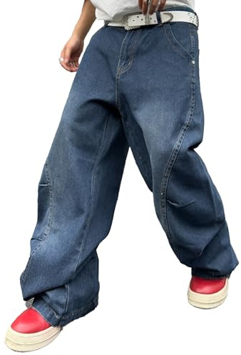 DFGIGT Men's Irregular Sutures Y2k Hip Hop Baggy Jeans Wide Leg Denim Pants Casual Loose Fit Trousers Streetwear Jinco 2000s Extreme Motion Relaxed Sport Skater Skateboard,A10 Blue,Large