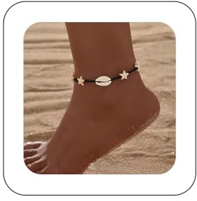 Cimene Tobillera Bohemia con Concha Estrella Tejida, Cuerda de Cauri, Cadena Ajustable Negra para Verano