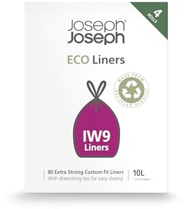 Joseph Joseph Eco IW9 Återvunna Soppåsar, Kök/Badrum, Dragband, Extra Stark, 80-pack, 10L, Grå