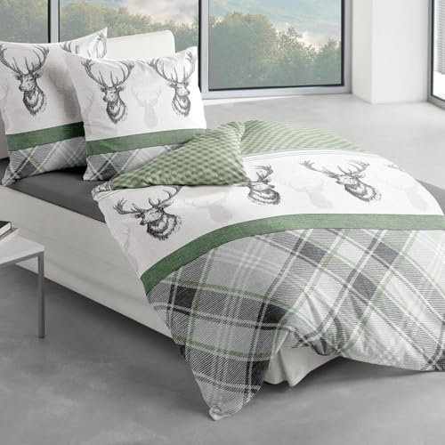 Traumschlaf kuschelig weiche Biber Bettwäsche Hirsche Gold aus 100% Baumwolle mit Reißverschluss 135x200 cm + 80x80 cm