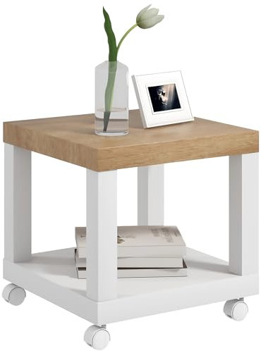 HOMCOM Tavolino con rotelle Tavolino con ripiano aperto Tavolino da divano Tavolo da soggiorno Camera da letto 40x40x40 cm Naturale e Bianco