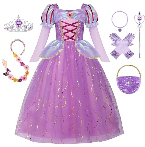 ReliBeauty Costume Principessa Bambina 3-12 anni Vestito Carnevale Maniche Lunghe Abito Lilla con Parrucca, Accessori e Borsetta Cosplay Festa Compleanno