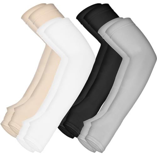 4 Paar UV Sonnenschutz Armstulpen, Armstulpen Damen, Lange Armstulpen, Schützender Armschutz, Lange Fingerlose Handschuhe Wärmer Daumenloch, Armsleeve für Damen Herren (Haut, Schwarz, Weiß, Grau)