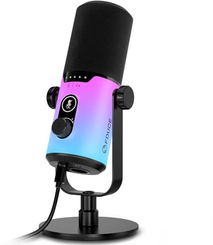 FDUCE Micrófono dinámico para juegos USB/XLR para grabación de podcast, micrófono vocal de transmisión de juegos de computadora con luz RGB, botón de silencio, perilla de ganancia, conector para