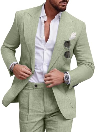 Diaryan Suit for Men Linen Green Classic Fit Blazer 2 Piece One Button Solid Jacket and Pants for Prom Wedding Business M