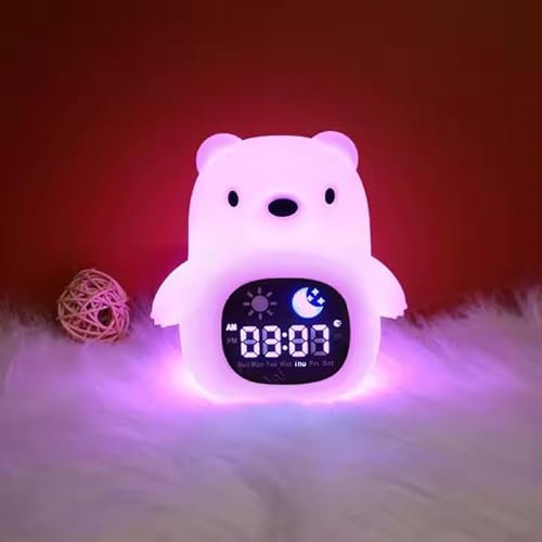 K'STYLES Réveil Ourson Enfant Educatif Jour/Nuit 2 Alarme/12/24 Réveil Lumieux 8 Couleurs Réveil Matin Numerique 6 Chansons Arret Automatique Heure/Snooze Luminosité de l'Ecran Réglable Lumière LED