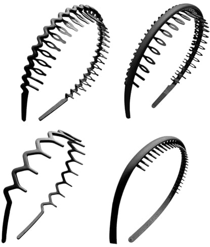 4 Stück Haarband, Welle Haarreifen, Rutschfestes Stirnband mit Anti-rutsch Zähne, Sportmode Haarband Zubehör für Outdoor Sports Yoga(COLOR:schwarz)