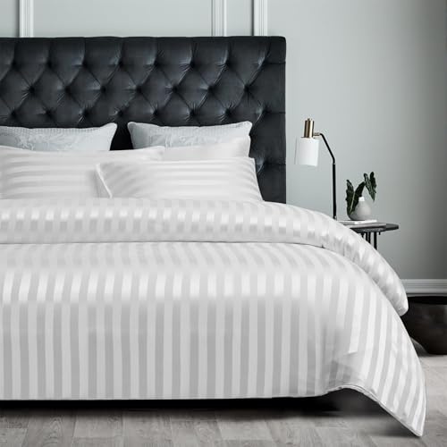 YASMENG Housse de Couette Satin 240x260 Blanc Rayé Brillant Deluxe Parure de Lit Satin Doux Soyeux Soie Linge de Lit 2 Personne Adulte avec Fermeture Éclair avec Taies d'oreiller 65x65 cm