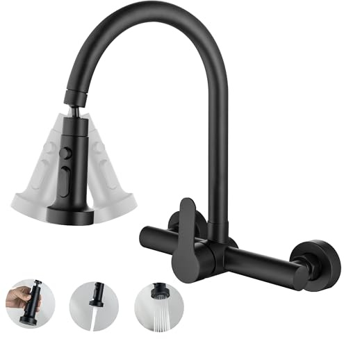 LIWEIKE Rubinetto Cucina Muro Nero, Girevole a 360° Rubinetto Cucina a Muro 2 Modalità di Spruzzo, Acciaio inox 304