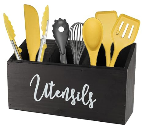 Gzsekken Kitchen Utensil Holder,Large Wood Utensil Organiser 3 Compartments for Kitchen Counter, Farmhouse Cutlery Caddy Cooking Tools Storage Caddy Holder for Fork Spoon