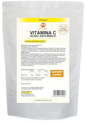 Acido Ascorbico Puro 2 kg, Vitamina C in Polvere ad Azione Antiossidante, Sostanza Pura Senza Eccipienti (1 Busta da 2 Kg) Laboratori Bioline - Qualità Italiana