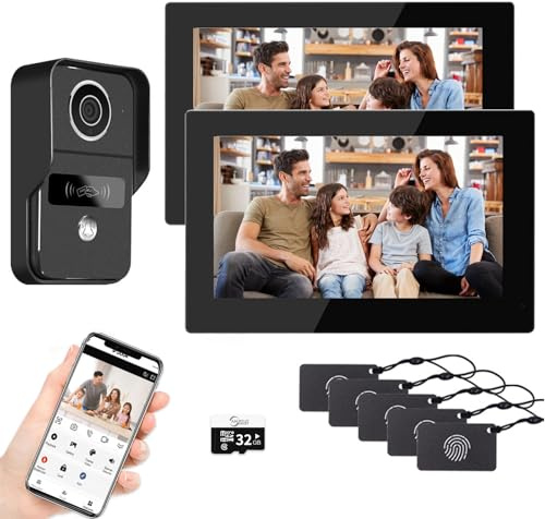 Sistema videocitofonico a 2 fili dell'appartamento 1080P Camera 7 pollici Touch Monitor, kit videocitofono WiFi per la casa, rilevamento del movimento (1 nero Campanello + 2 nero Monitor)