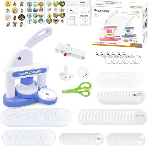 Rntfunre Buttonmaschine Set, Button Badge Press Maschine Mehrere Größen DIY Button Press Machine Neueste Pin Badge Making Kit mit 86 Kunststoff-Button-Teilen, Kreisschneidern für Party und Geschenke