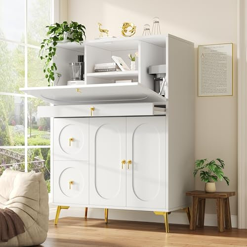 Lexiou Küchenschrank (100×50×140cm), Vorratsschrank, Esszimmerschrank für Küche, Esszimmer und Wohnzimmer, Modernes Sideboard mit Falttüren, Schlicht und modern, Multifunktionaler Stauraum, Weiß