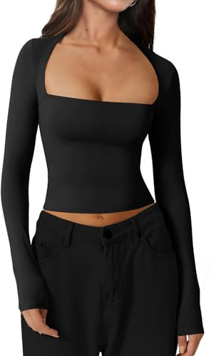 INFITTY Crop Tops for Women Basic Long Sleeve Y2k Tops Scoop Neck Slim Fitted T-Shirts