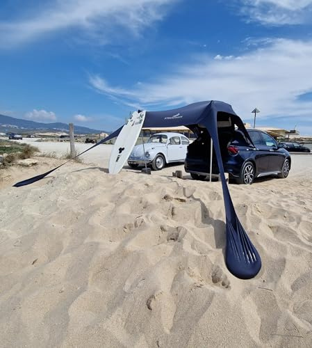 Strandwerk Premium Autozelt Toke, Flexibles Sonnensegel für PKW, SUV & Van | Sonnenschutz fürs Auto & Camping, Strand | Pop-Up Vordach mit 2 Saugnäpfen, Heringen & Alu-Stangen (Grau)