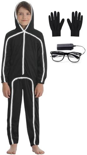 Bloremed Stick Figure Costume Kids Stickman Jumpsuit with Light up Glasses Halloween Glow in the Dark Outfits for Boys Girls (White, Medium(7-8 Years))