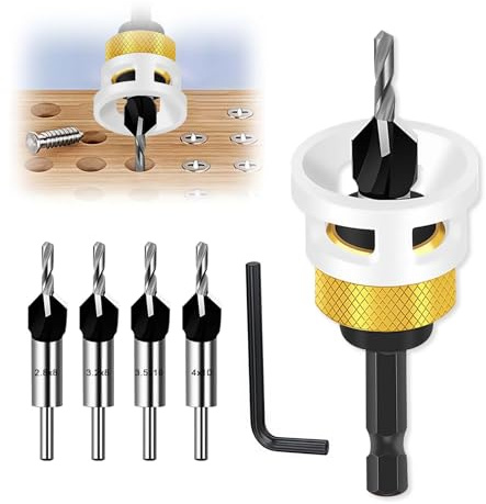 LUMOOM 6-tlg Kegelsenker-Bohrer-Set mit verstellbarem Tiefenanschlag, Senker Holzbohrer, HSS Bohrsenker & 1/4 Hex-Schaft für präzise Bohrungen in Holz