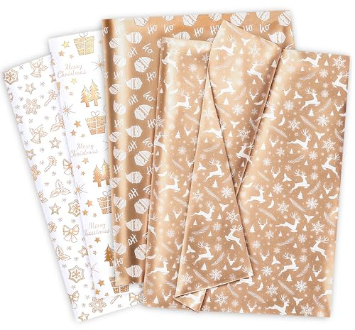 Larcenciel 60 Fogli Carta Velina Natalizia,Carta Velina per Imballaggio Babbo Natale Fiocco di Neve Campanelle Bastone Renna Piuma,Rosa Oro,Confezioni Regalo per Natale, Capodanno,Feste,DIY,50x35cm