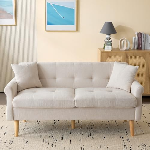 Aceinheu Modernes 2-Sitzer Sofa aus Chenille-Stoff, Polstersofa mit dicken Kissen & Massivholzbeinen, kleines Loveseat für Wohnzimmer & Schlafzimmer, kompaktes Design für Wohnung (Beige, Stil A)