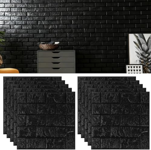 YOFAPA 30 Pcs 3D Peel and Stick Brick Wallpaper, 11.8 x 11.8 in Black Wall Panels Peel and Stick, Waterproof Brick 3D Wallpaper for Bedroom, Living Room, TV Wall Decor