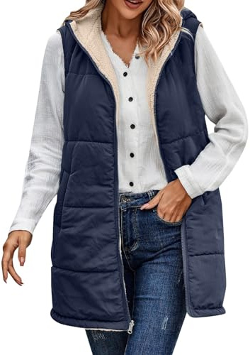 Mashaouyo Chaleco largo para mujer, talla grande, chaleco de forro polar con capucha, azul marino, 4XL
