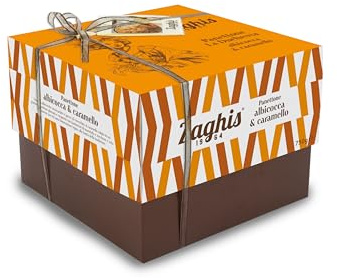 ZAGHIS Panettone Artigianale Regale con Albicocche Siciliane e Caramello Salato – 750g – Glassa all’Amaretto, Mandorle e Zucchero a Velo – Panettone Natale Gourmet