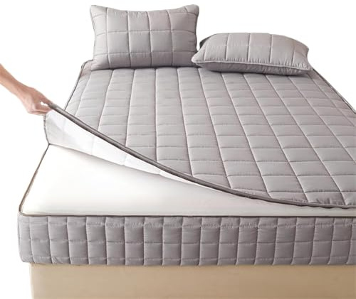 Trapuntato Coprimaterasso Matrimoniale 160x190 180x200 con Cerniera, Comprende 2 Federe, Fodera Materasso Singolo Topper Lavabile Rivestimento(Grigio,160x200x15cm)