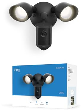 Ring Floodlight Cam, Wired (senaste generationen), vidvinkel Retinal 2K-video, 6x förbättrad zoom, ultrastarka strålkastare, 30 dagars kostnadsfri provperiod av Ring-abonnemanget, Svart