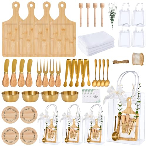 Juego de utensilios de acero inoxidable para los ganadores del juego para los ganadores del juego, tabla de queso, cuchara, cuchara, tarjeta de agradecimiento, bolsas de regalo para baby shower, boda