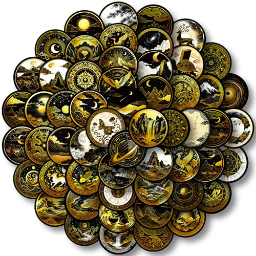 56pcs Black Gold Cosmic Stickers for Scrapbooking Journals Laptops Water Bottles Celestial Moon Stars Dark Aesthetic Round Gloosy Vinyl Decals for Teens Fantasy Art Stationery Craft Decoration