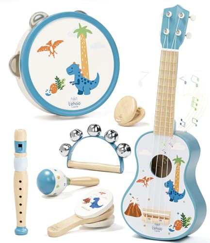 Lehoo Castle Kids Guitar Set, Dinosaur Guitar for Toddlers 1-3, Wooden Montessori Musical Instruments 7 in 1 with Ukulele/Tambourine/Maracas/Flute, Mini Band Set Birthday Gift for Boys Girls