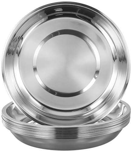 MAHIONG 15 Edelstahl-Teller, Metall-Campinggeschirr, 24 cm, rund, unzerbrechlich, Servierplatte für Picknick, Grillen, Salat