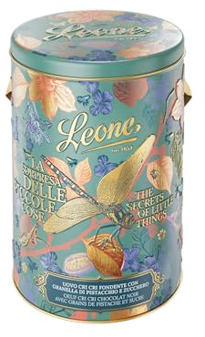 Leone dal 1857 - Uovo di Pasqua Cri Cri - Uovo di Cioccolato Fondente 70% con Granella di Zucchero e Pistacchio - in Latta Regalo - Con Sorpresa - Vegano e Senza Glutine - 350g