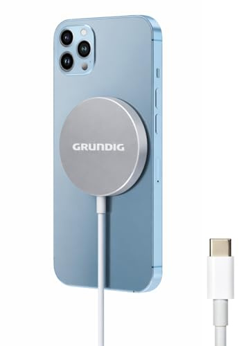 Grundig Kabelloses Ladegerät mit 15W - Magnetisches Wireless Charger Induktionsladegerät mit USB Type-C Anschluss - Charging Station für iPhone - Silber
