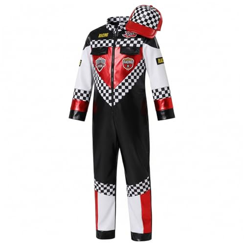 Ginwrek Disfraz de piloto de Carreras - Traje de Carreras para niños con Gorra para Fiestas navideñas y de Cosplay diseño a Cuadros Rojos Negros y Blancos Talla S