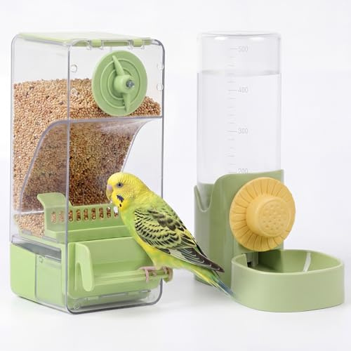 Dexpally Bird Feeder Water Dispenser Set, No Mess Bird Feeder Automatic Bird Feeder, Transparent Seed Food Container for Parakeets Canaries Cockatiels Finches Lovebirds Budgies, Green