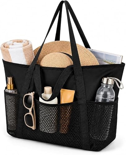 Strandtasche Damen, Strandtasche mit reißverschluss, 8 Taschen Strandtasche XXL, Badetasche Familie Faltbar Beach, Strand-tasche Groß für Strand Reisen Urlaub Shopper, Fitnessstudio, Schwimmbad