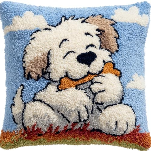 Knüpfkissen Set Zum Selber Knüpfen Für Erwachsene Und Anfänger,Diy Kissenbezug Mit Knüpfhaken-Set Latch Hook Cushion Kit,Kreatives Basteln Ideal Für Home Decorhund 43X43Cm