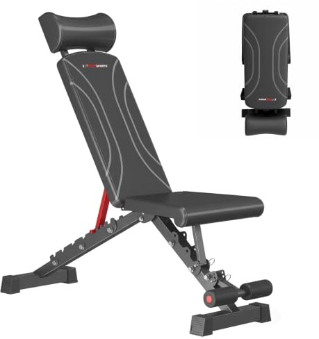 Adjustable Weight Bench for Home Gym 750LB Capacity 98% Pre-Assembled | Foldable, Space-Saving, Flat Incline Decline for Home Gym, Full-Body Workouts, 5-Position Neckrest Adjustment
