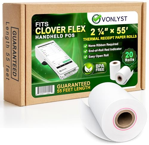 Vonlyst Clover Flex Paper Rolls 2 1/4 x 55’ Thermal Receipt Paper – 20 Rolls Pack - BPA Free POS Printer & Credit Card Machine Compatible C400 C401 C403 C405 C406