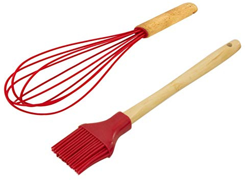 Easyline 2-teiliges Küchen- und Back Set – Silikon Schneebesen und Pinsel mit Holzgriff (Rot)