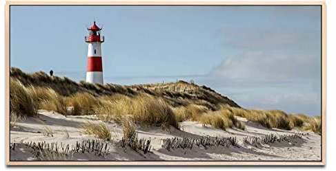 Leuchtturm am Meer ca. 130x70cm Wandbild inklusive Schattenfugenrahmen naturfarbend - Panorama Leinwand Bild XXL Format Wandbilder Wohnzimmer Wohnung Deko Kunstdrucke