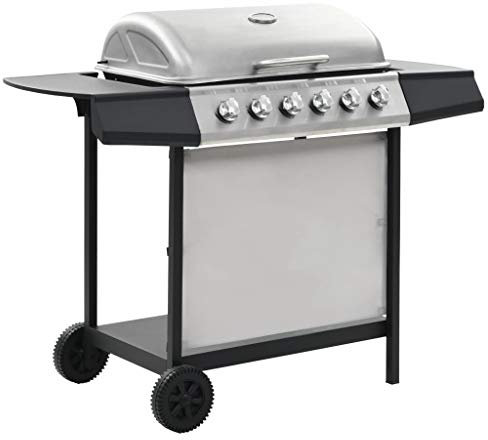 Festnight Barbacoa Portátil de Gas Barbacoa Gas Piedra Volcanica con 6 Zonas de Cocción Plateado y Negro Acero Inoxidable 112 x 54 x 98 cm