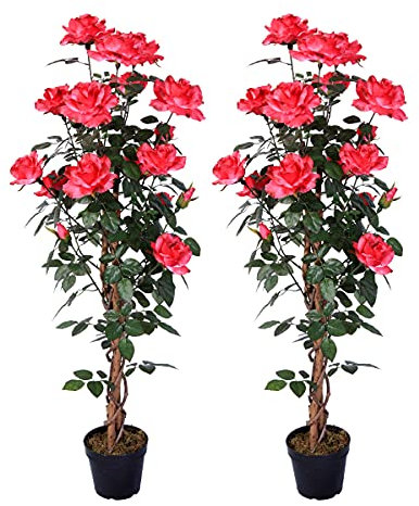 AMERIQUE Künstlicher Baum mit künstlichen Rosen und Babyduft, 1,5 m, mit Stand-Stamm, UV-Schutz, Weiß und Grün, 2 Stück